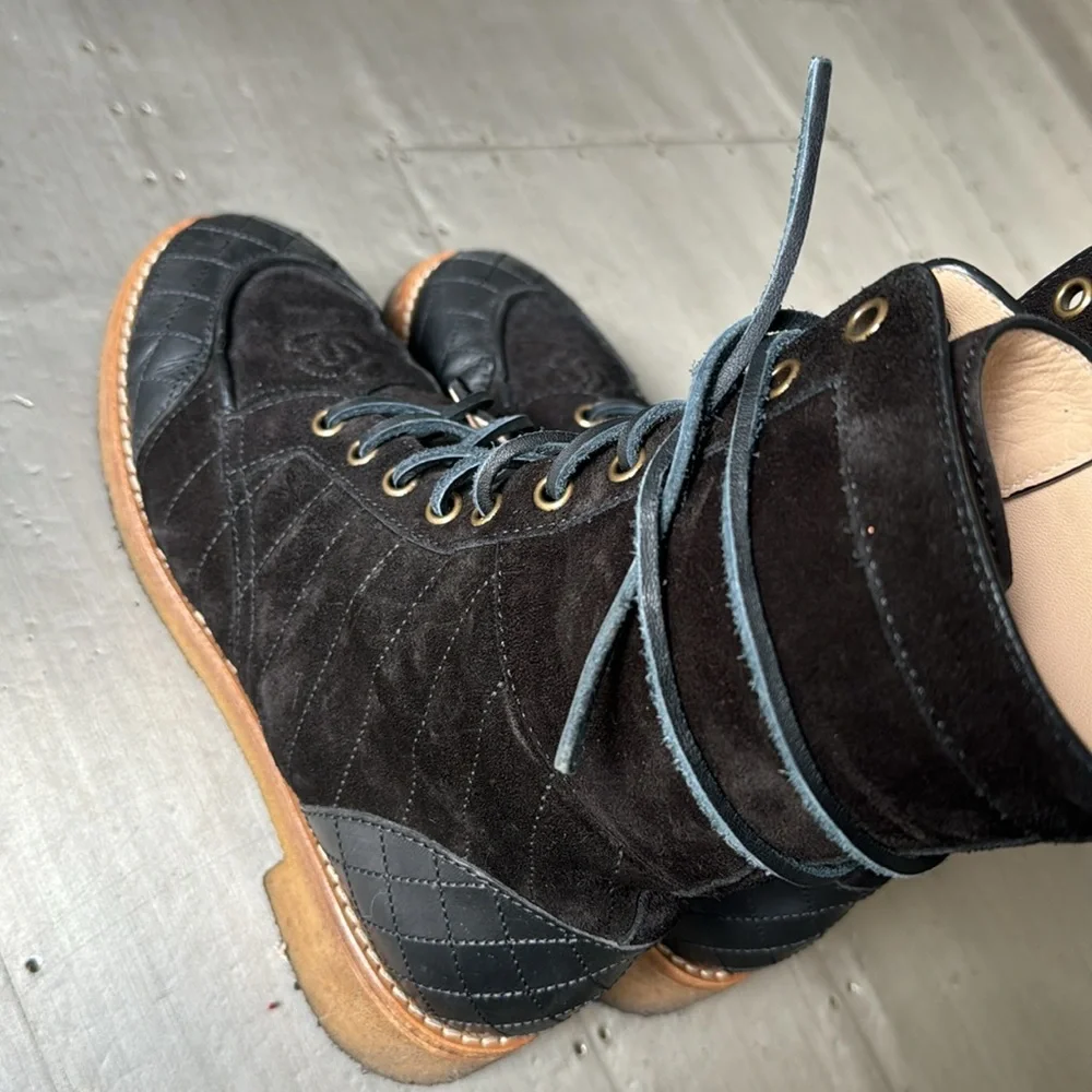 Chanel black suede combat military boot bootie lace up quilted Sz 38.5 w/ box